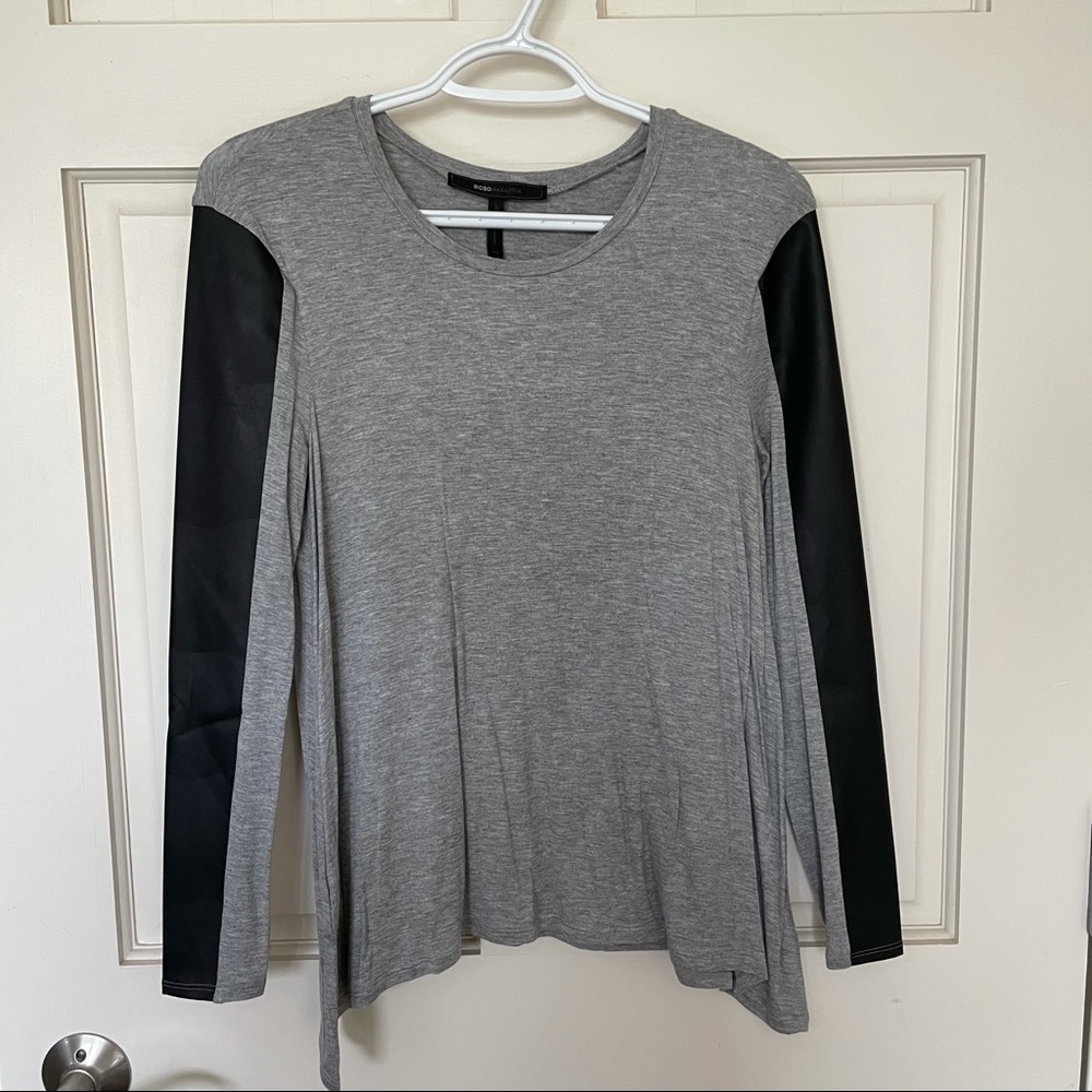 BCBGMAXAZRIA Long Sleeve Shirt Pleather Sleeves XS